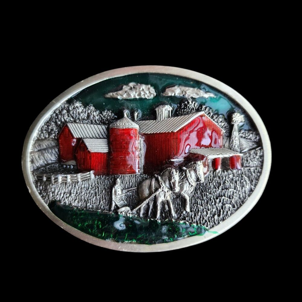 Vintage 1984 Bergamot Brass Works Belt Buckle Red Barn Farm Horse Plowing R-149